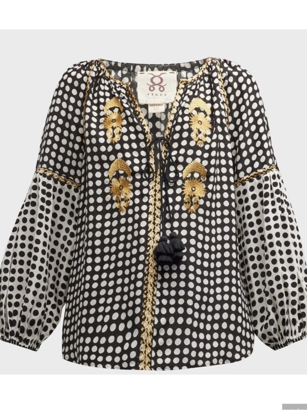 FIGUE Black & White Polka Dot Embroidered Peasant Tunic
